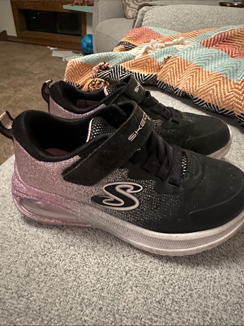 Skechers Kids Black Sneakers with Pink Glitter Heel